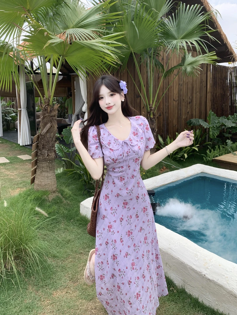 夏季大码碎花连衣裙温柔风茶歇法式荷叶边V领连衣裙微胖收腰长裙