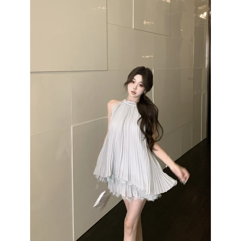 纯欲氛围感不规则蕾丝挂脖无袖宽松上衣垂感显瘦A字短裙套装女夏