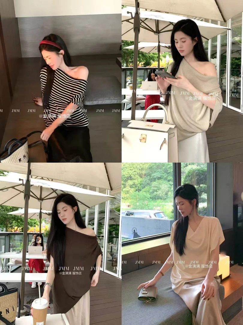 6622 ［慵懒高级］新品实拍宽松大牌显瘦推推领可斜肩上衣