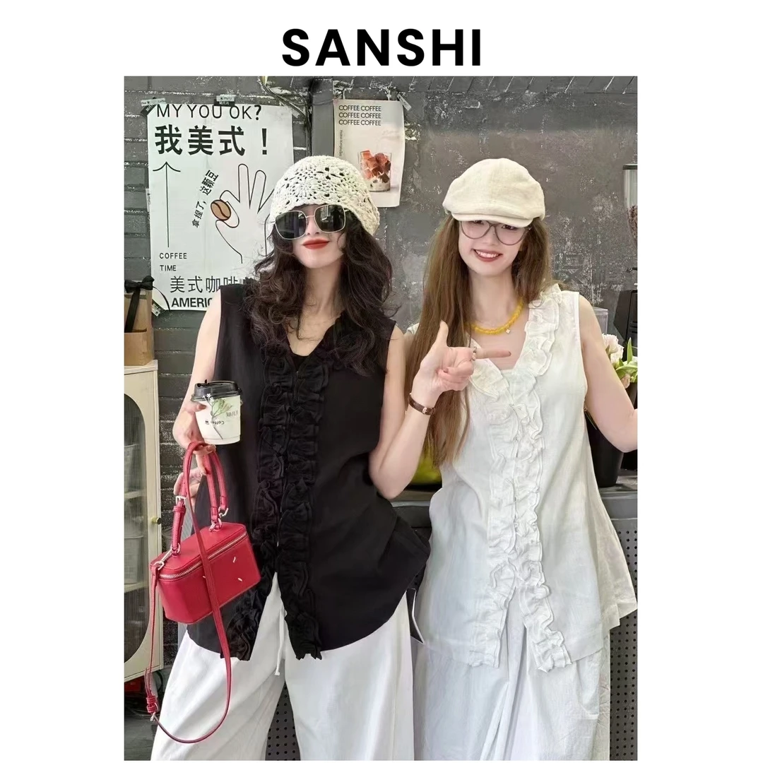 SANSHI【山本风无袖背心】夏季宽松显瘦上衣女 立体花瓣领 正反两穿