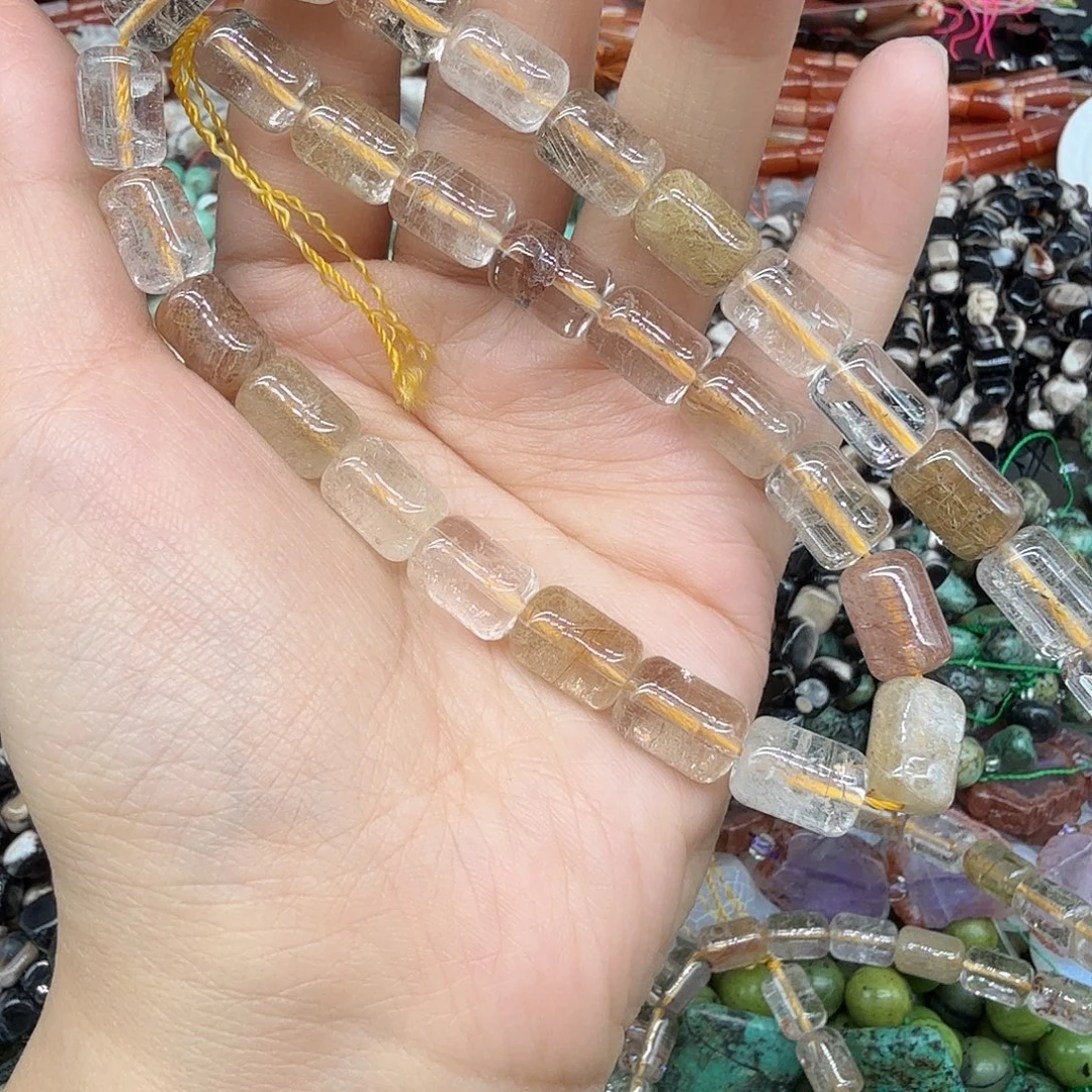 水晶珠宝半成品未镶嵌8×12彩发晶桶珠一条