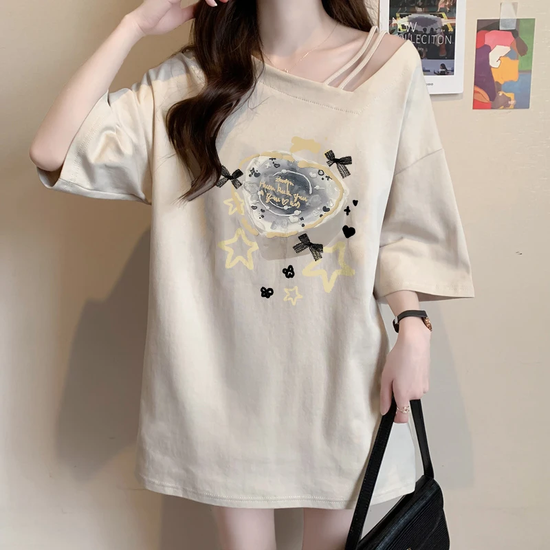 设计感纯棉小众斜领短袖T恤女2025夏季新款爆款宽松大码网红上衣