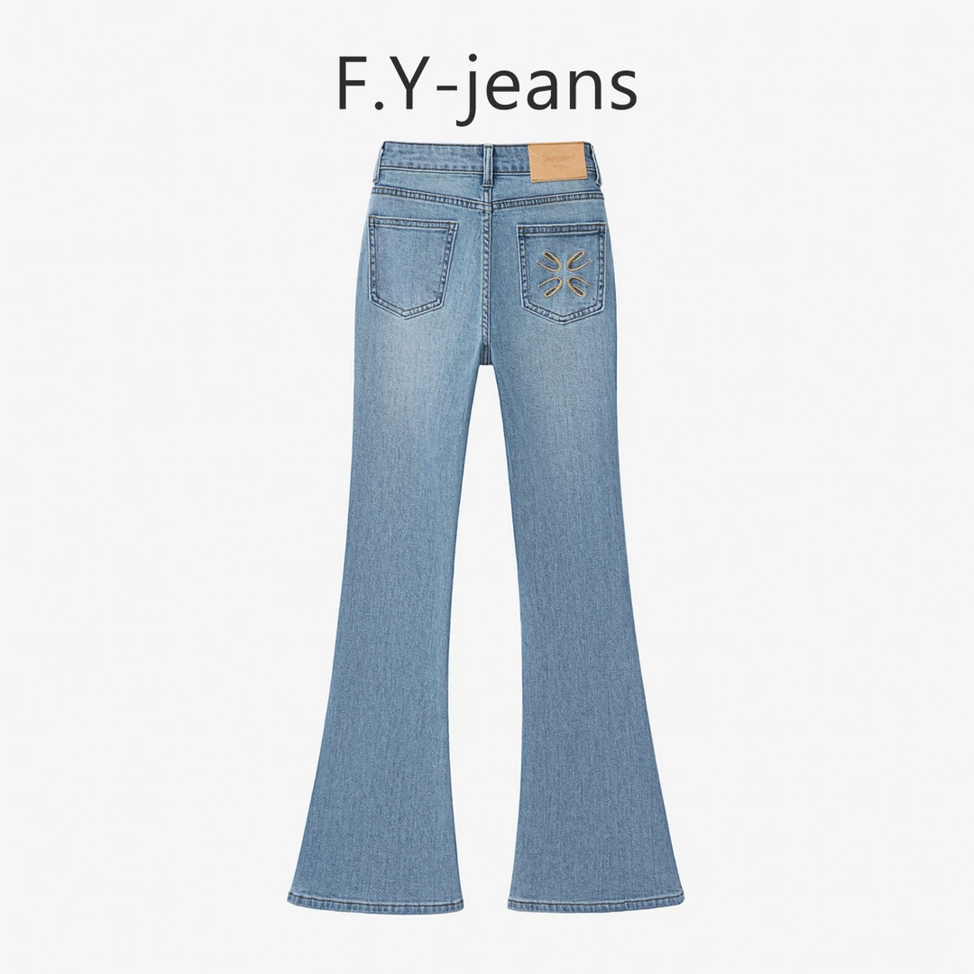 【F.Y】云袖蓝-春夏薄款高腰提臀时尚显瘦透气弹力刺绣微喇牛仔裤女