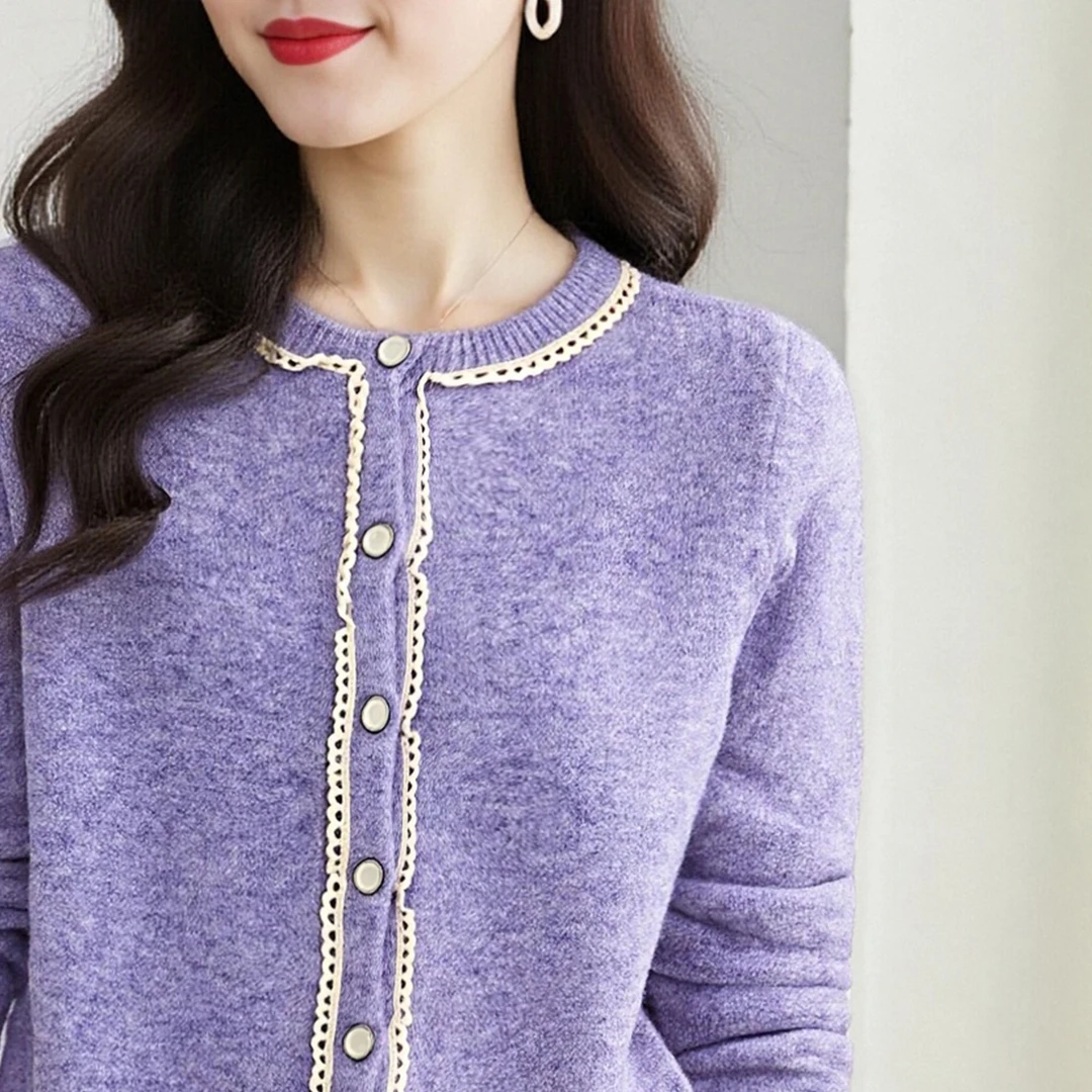 R02173秋季法式小香风蕾丝花边针织开衫上衣女时尚长袖紫色毛衣