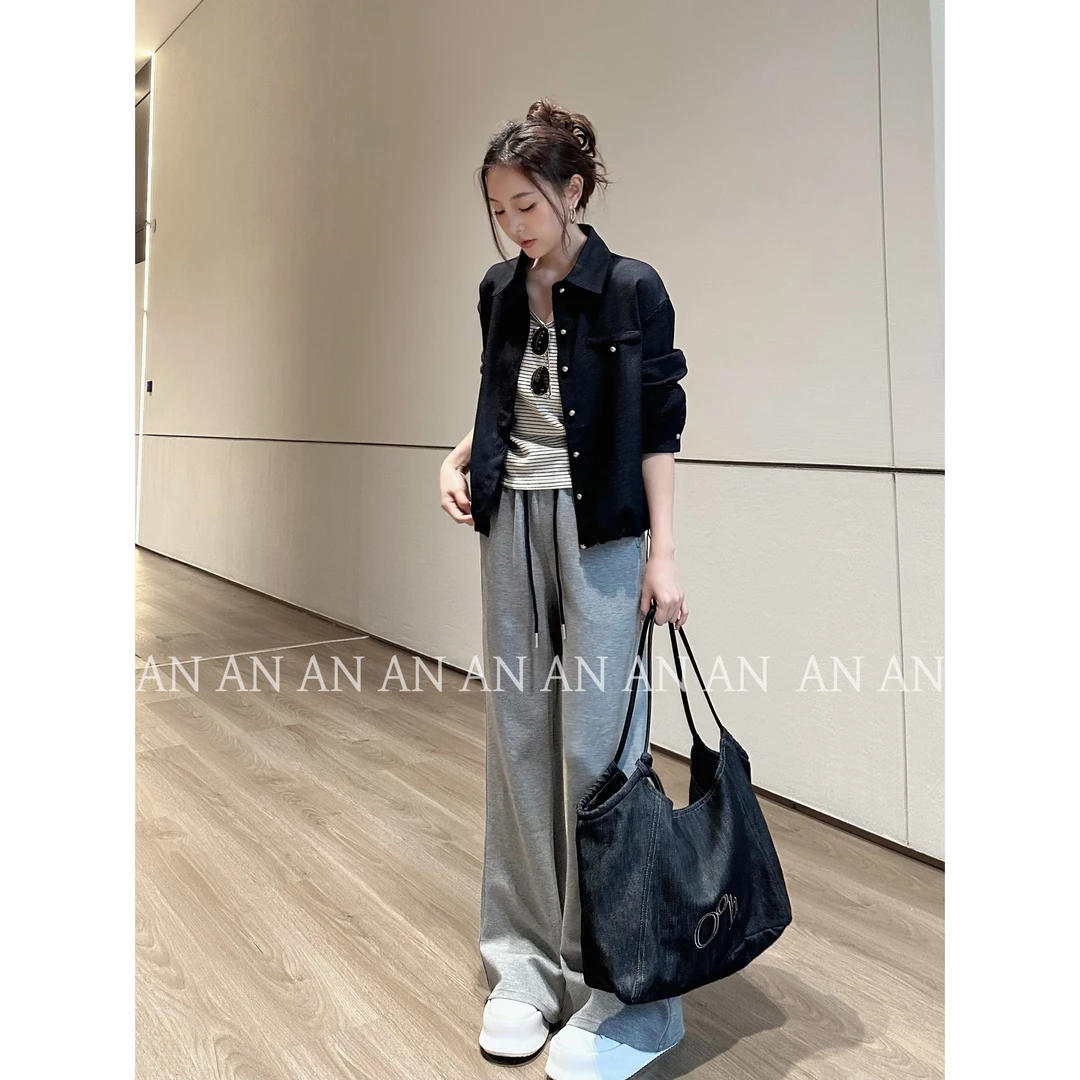 C07271早秋新款韩版气质POLO领衬衫外套+条纹背心两件套