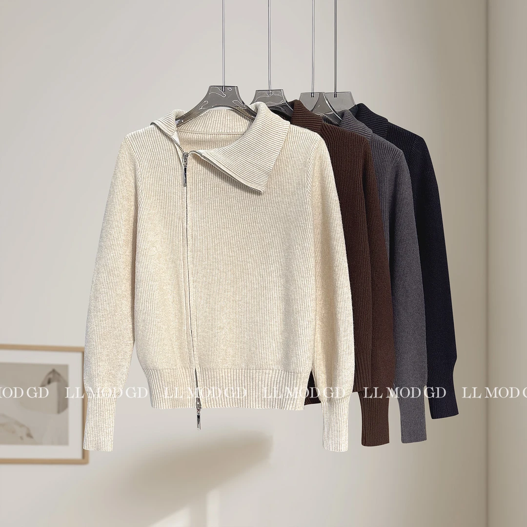 斜襟生姿 秋冬斜襟双拉链设计软糯百搭绵羊毛针织上衣YL-6200876