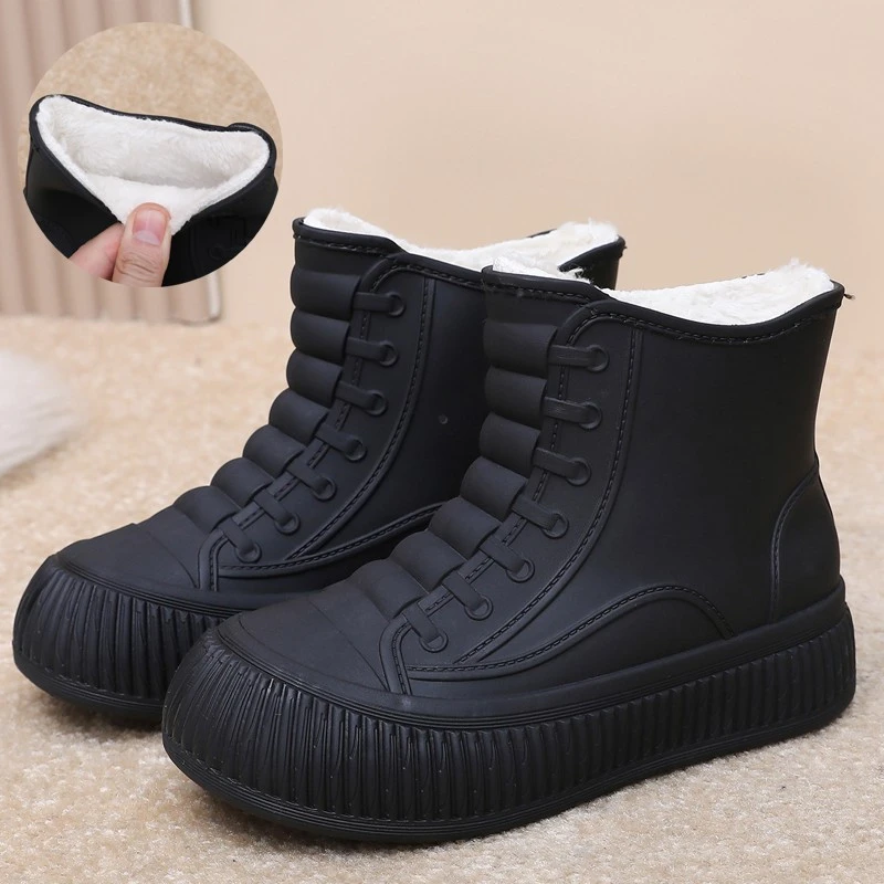 一体固定绒雨鞋女款防滑时尚短筒雨靴防水厨房鞋加绒保暖厚底水鞋