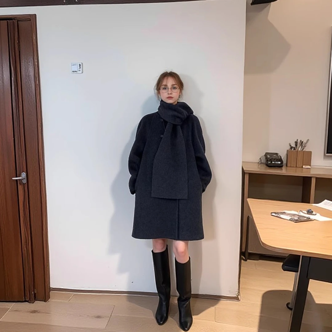 立裁羊腿袖设计感骆驼绒2025新款双面呢子定制黑牛角扣围巾大衣女