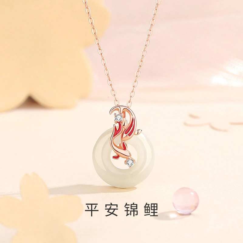 心草锦鲤平安扣项链女和田玉复古宫廷风国潮锁骨链吊坠送女朋友