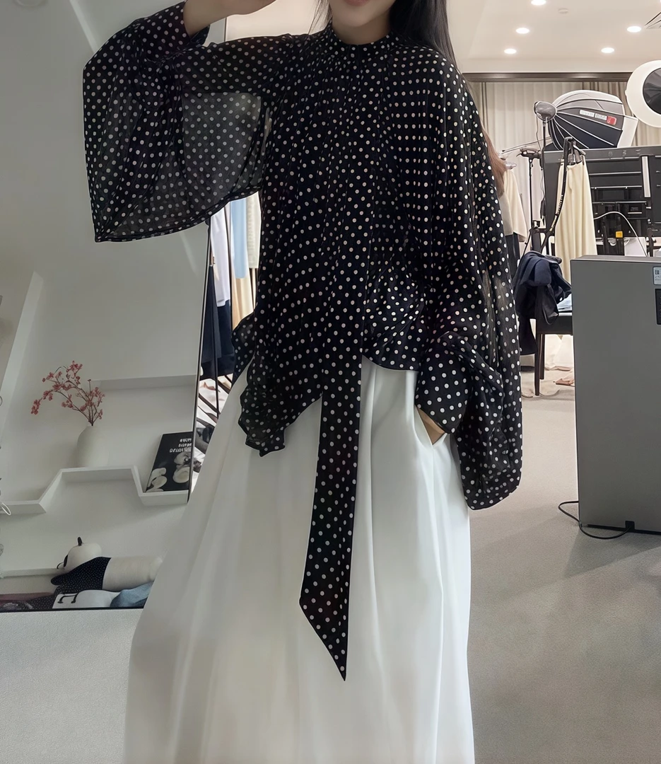 【小小辣定制】高级感百搭雪纺衫女洋气时髦绑带蝙蝠袖衬衫潮8126