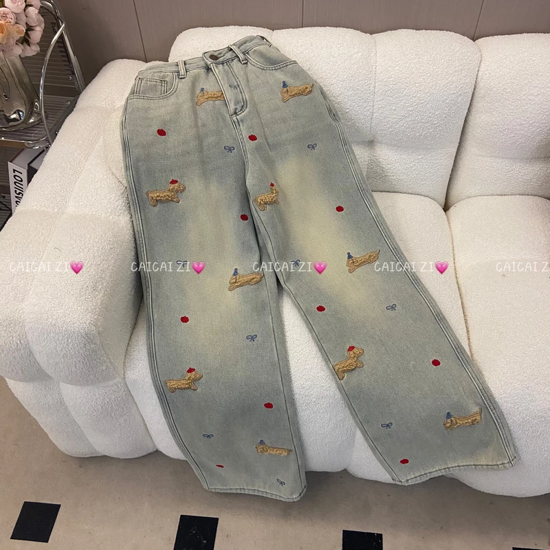 [no退no换]CCA178【圣诞腊肠狗】复古卡通腊肠狗提花保暖牛仔裤加绒