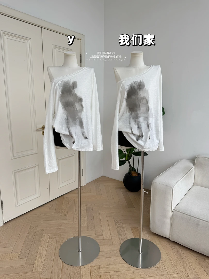 时尚早秋夏日防晒罩衫斜肩梅花鹿微透宽松慵懒感长袖T恤