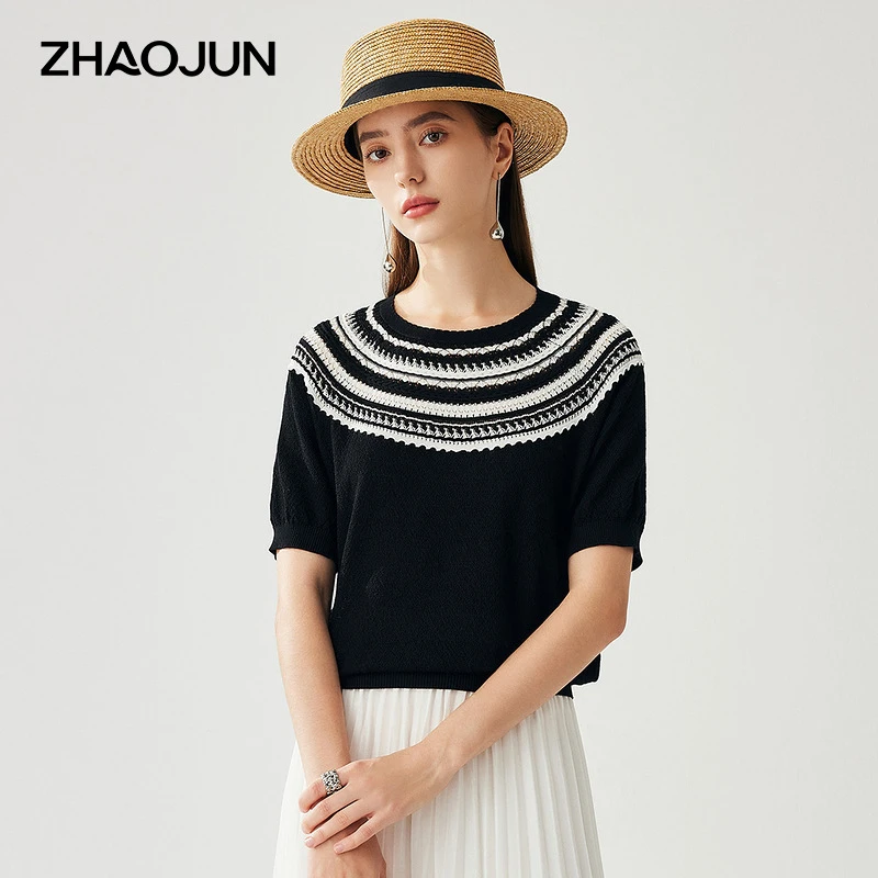 zhaojun/兆君初春上新费尔岛风格提花圆领桑蚕丝短袖时尚ZST3114