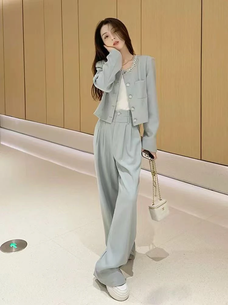 早春穿搭一整套女装职业小香风减龄气质网红炸街阔腿裤两件套显瘦