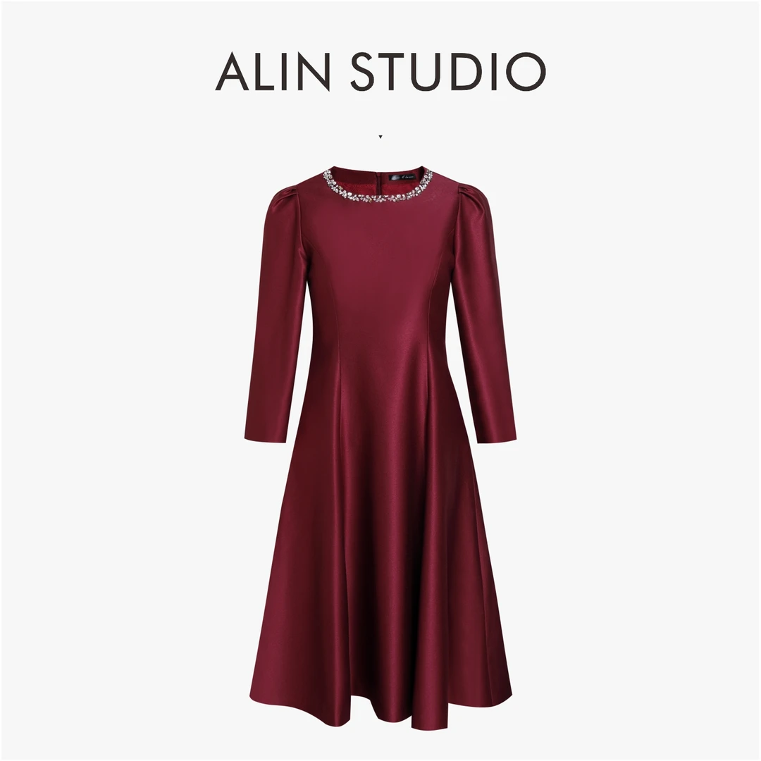 优雅气质长袖钉珠时尚百搭晚装宴会连衣裙ADLLYQ0024