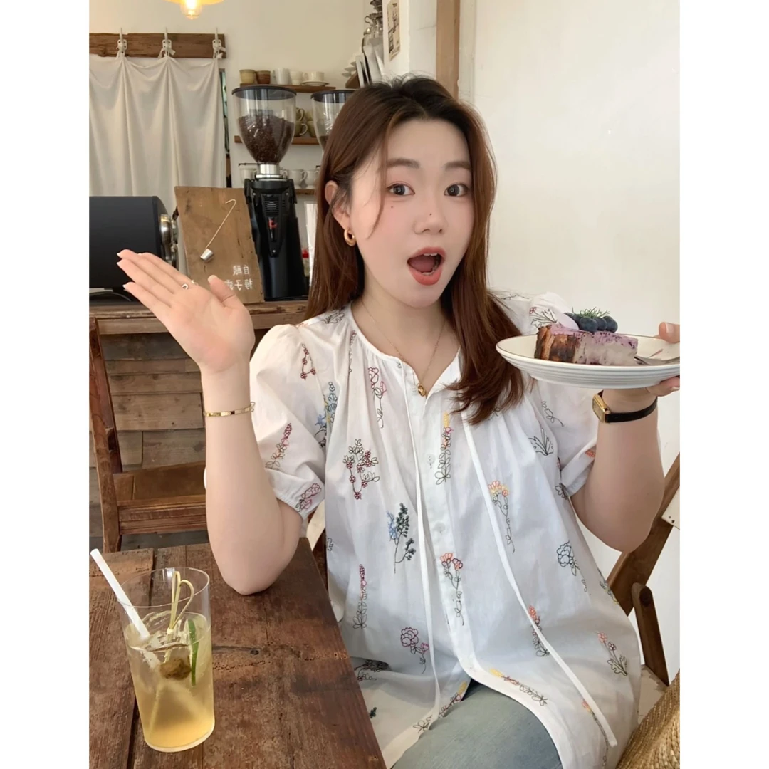 现货大婉酱微胖定制【花仙子】夏轻薄中长款花朵刺绣短袖衬衫 9080D