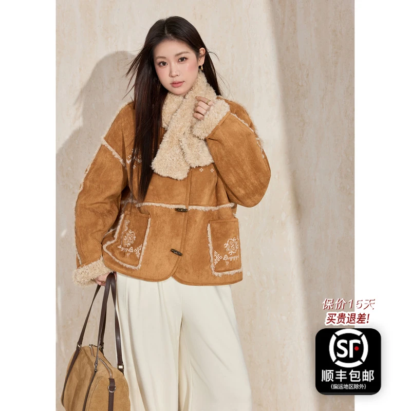 蓝语大码女装费尔岛风仿羊驼绒外套冬季送围巾重工刺绣保暖上衣