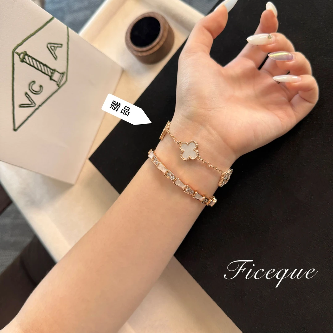 镀k金【鱼骨手镯+白色间钻五花】Ficeque高奢经典CNC精工