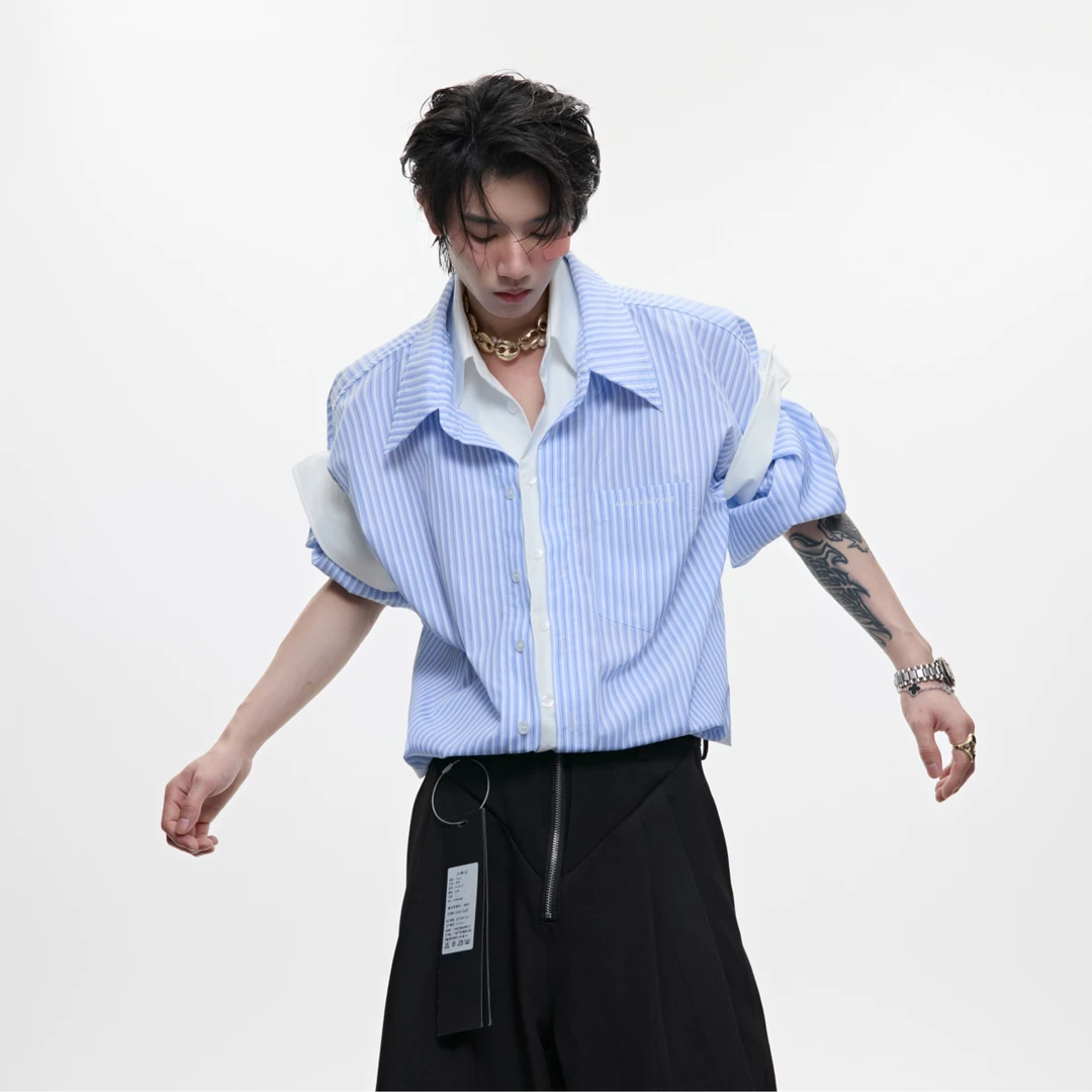 ArguECulturE小众学院风条纹衬衫撞色拼接假两件短袖宽松高级开衫