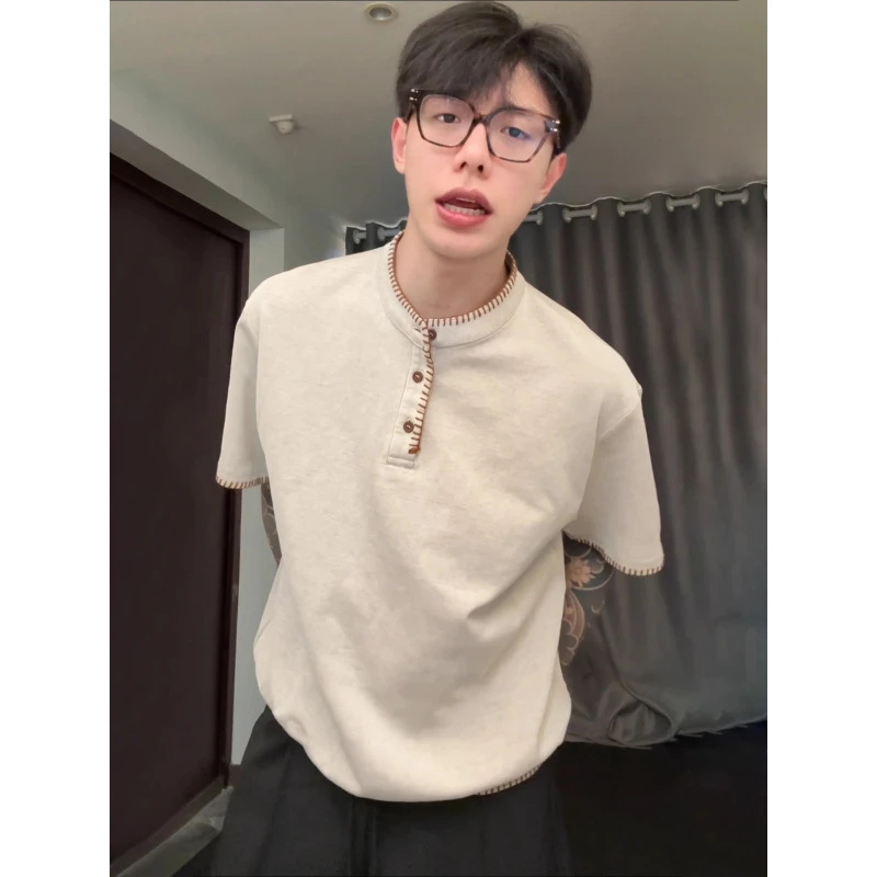 老钱风亨利领重磅正肩短袖t恤男夏季美式潮牌痞帅高级感五分半袖