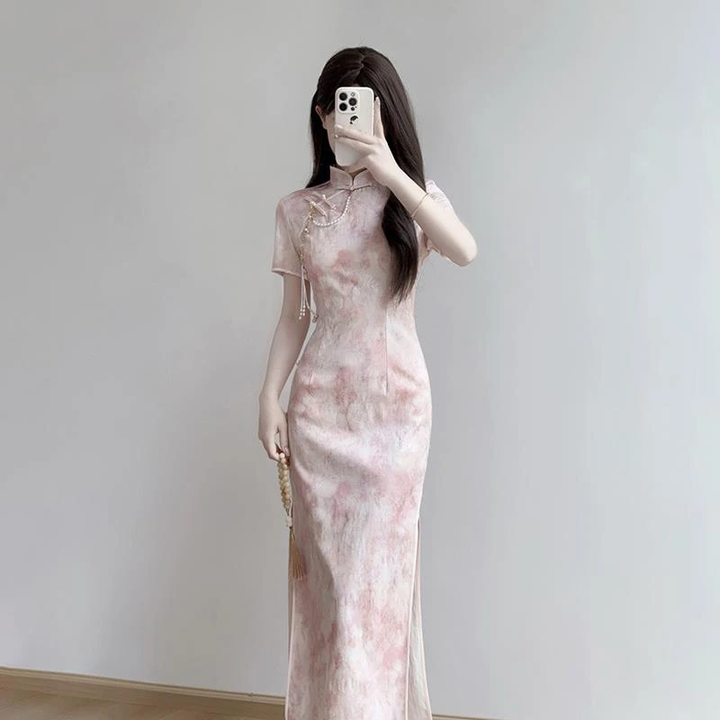 旗袍2025新款日常改良新中式夏季粉色连衣裙修身少女年轻款显瘦