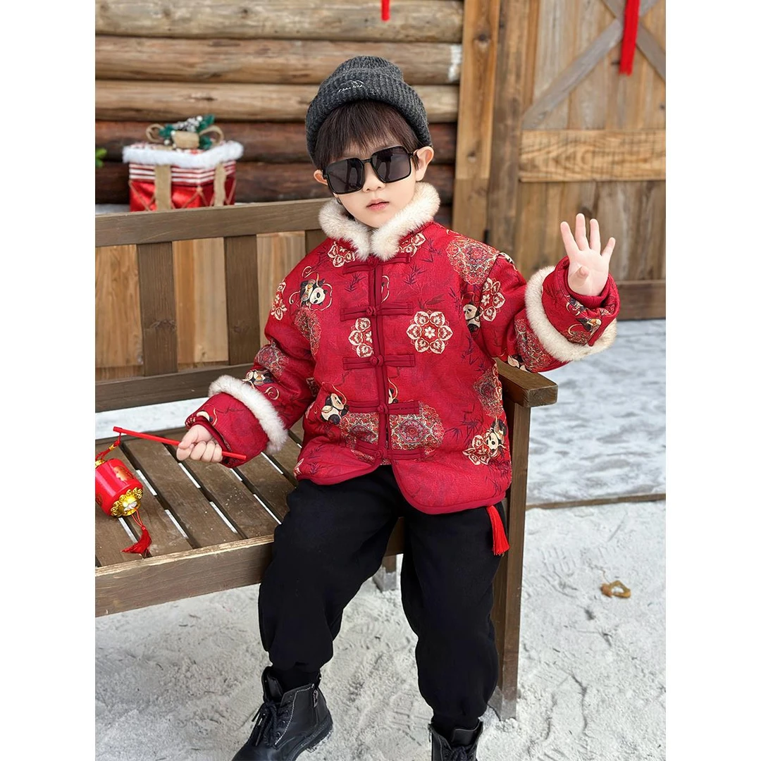 汉服儿童熊猫拜年服男童中国风喜庆唐装周岁礼服宝宝过年棉服套装