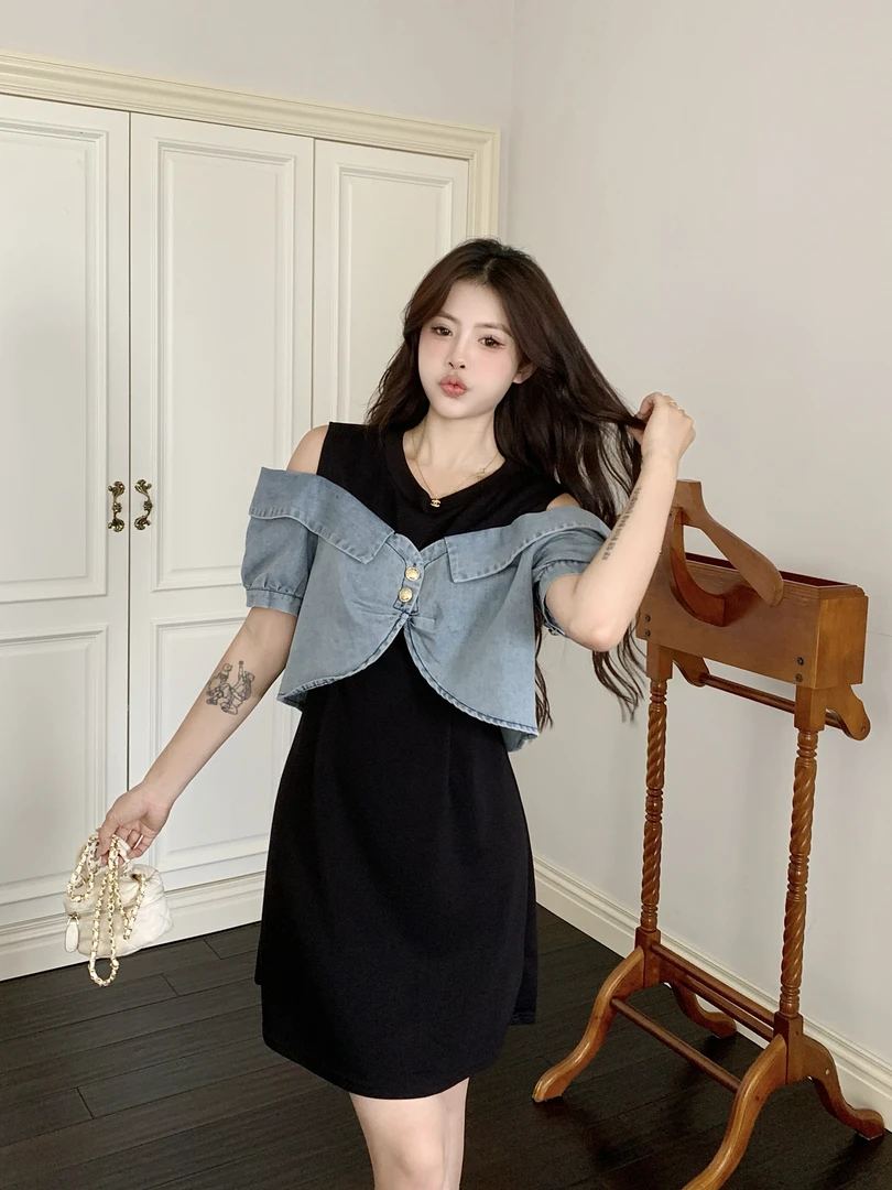 大码女装夏季新款法式时尚气质收腰显瘦牛仔假两件中长款连衣裙女