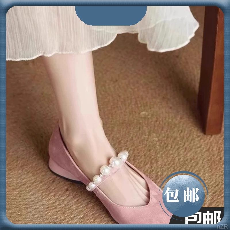 2025春季韩版玛丽珍鞋巨好看方头珍珠带法式优雅休闲通勤浅口单鞋