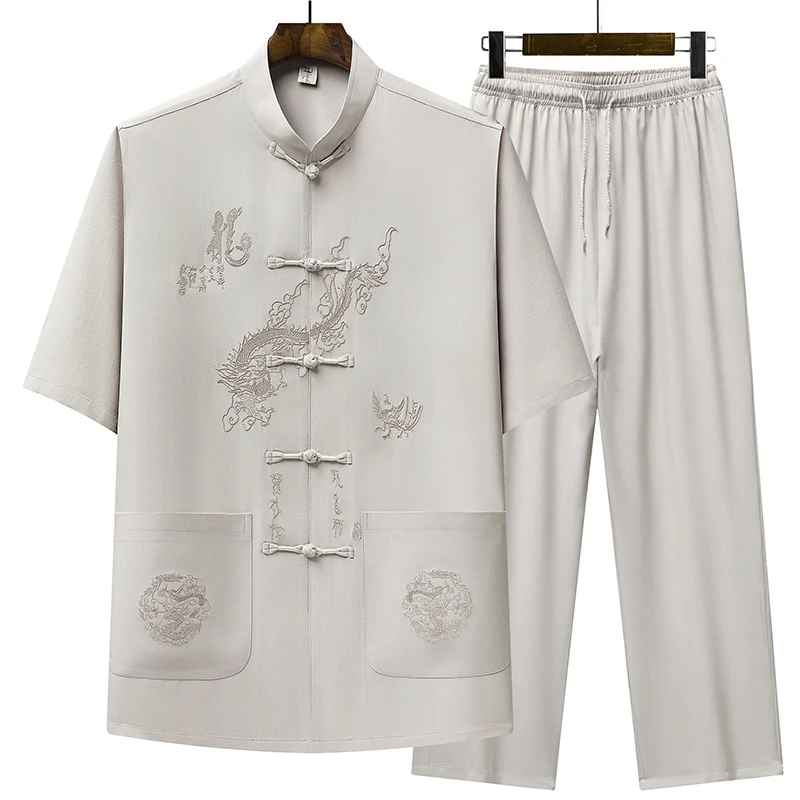 中老年唐装男爸爸夏装短袖薄款冰丝新中式国风爷爷老年人休闲套装