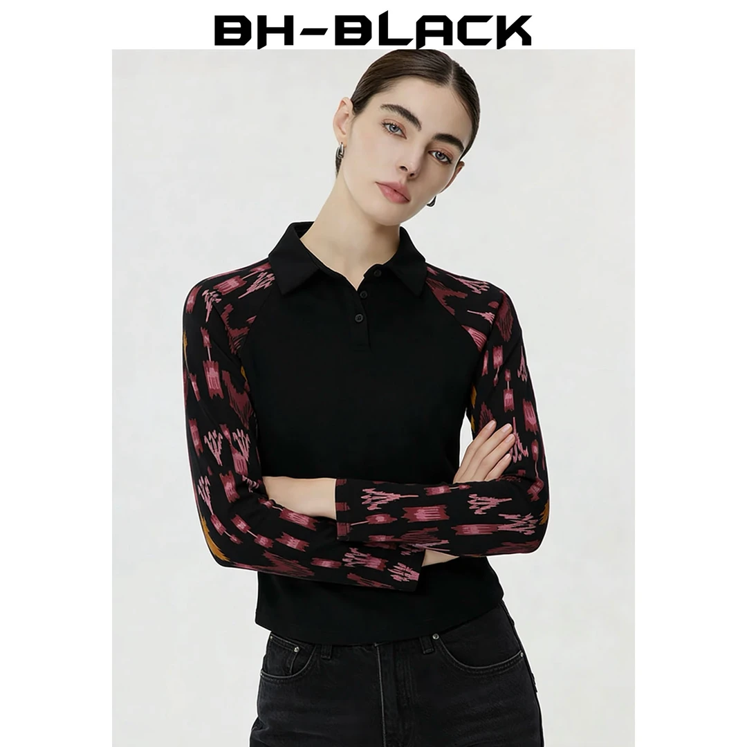 BH-BLACK艾德莱斯花纹Polo领女插肩袖民族风修身印花撞色打底衫