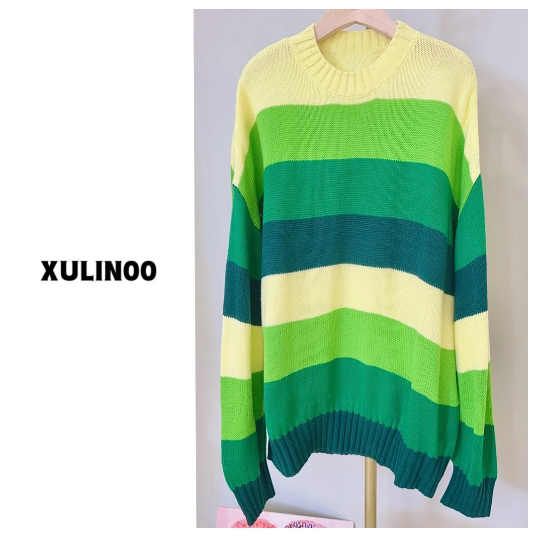 丨秋冬时尚百搭条纹渐变绿套头毛衣 XL1011-1103