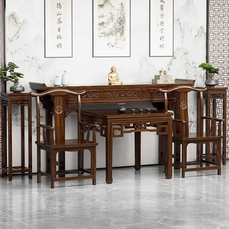 中堂六件套实木新中式灵芝条案八仙桌农村堂屋神台供桌家用香案台
