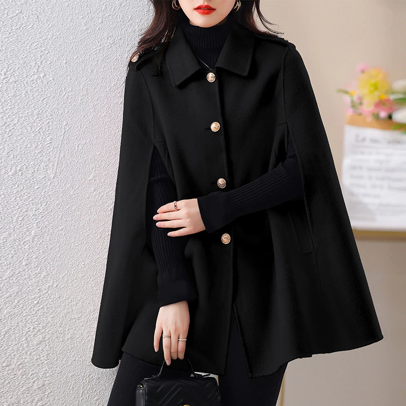 春秋新款冬装通勤翻领斗篷单排扣毛呢外套金属扣装饰大衣YJ2237