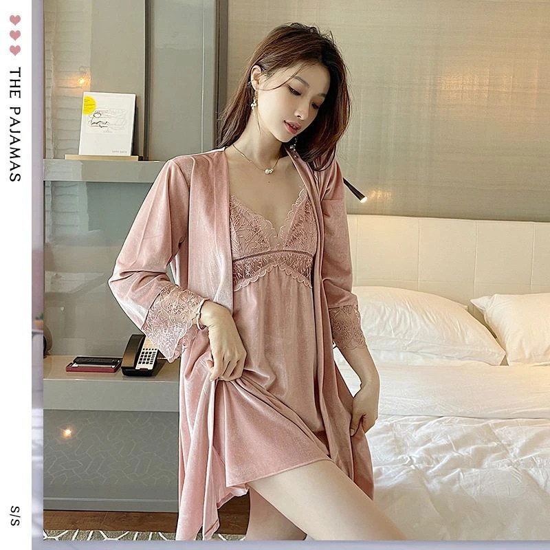 金丝绒女士睡衣家居服新品吊带裙睡袍两件套睡衣感蕾丝花边睡衣