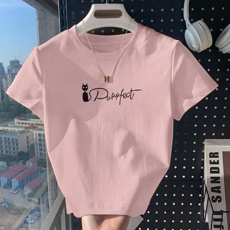 轻薄透气夏季正肩纯棉短袖T恤女ins时尚百搭洋气短款显瘦粉色上衣