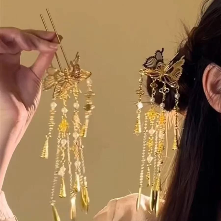 新中式金色镂空蝴蝶流苏发簪复古国风气质汉服配饰女