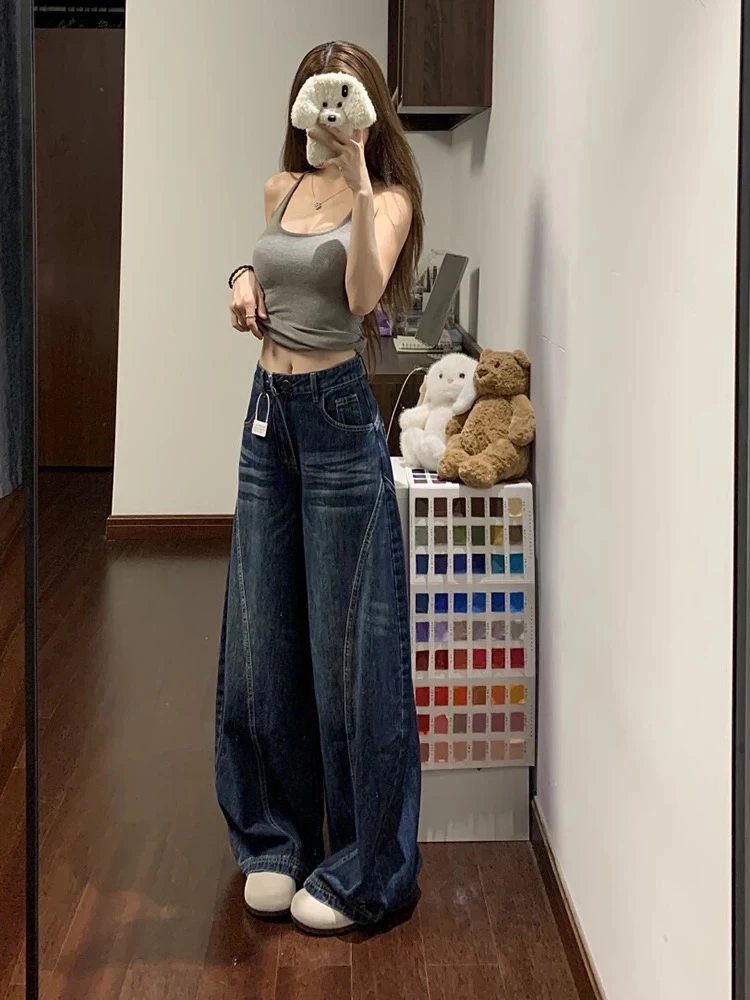 NIDE 001美式高街立体裁剪廓形水洗弯刀牛仔拖地裤显瘦复古