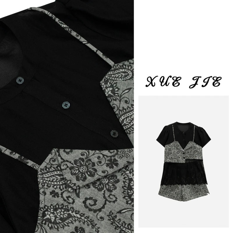 逸焰【雪姐海风轻舞】-90825黑灰撞色腰果印花爆款休闲两件套装