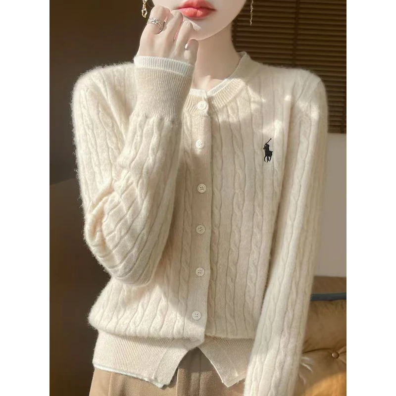 100%羊毛衫刺绣女假两件时尚百搭秋冬针织开衫毛衣长袖宽松