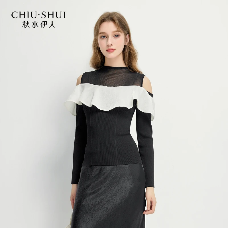 秋水伊人荷叶边露肩针织衫2025年春季新款圆领上衣625101B100209
