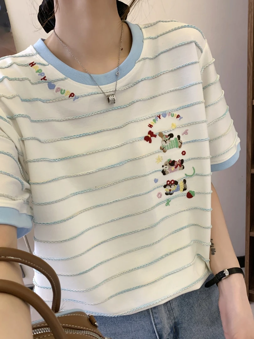 【25258】夏季新款百搭时尚潮流精致撞色领彩虹字母狗刺绣圆领短袖