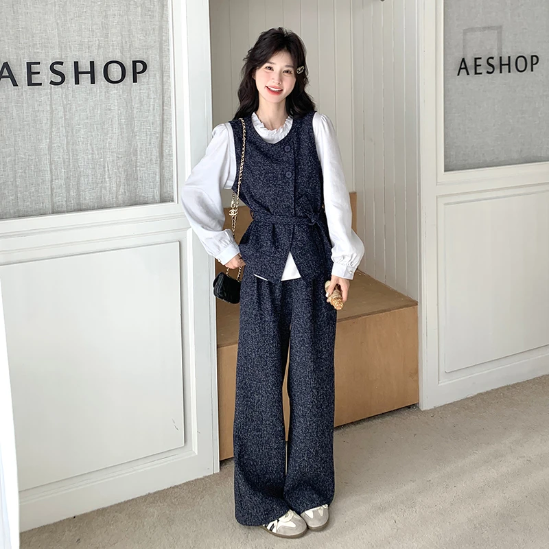 初春穿搭盐系轻熟一整套女2025年新款时尚马甲打底衫阔腿裤三件套