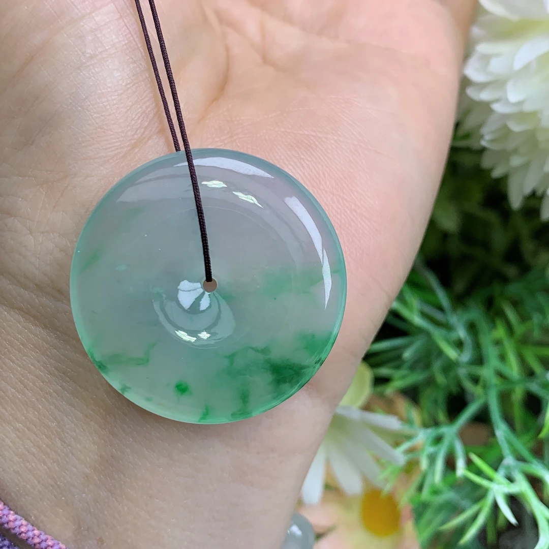 缅甸天然翡翠a货玉石冰种起胶飘阳绿花平安扣吊坠钟尺寸32/5.9mm