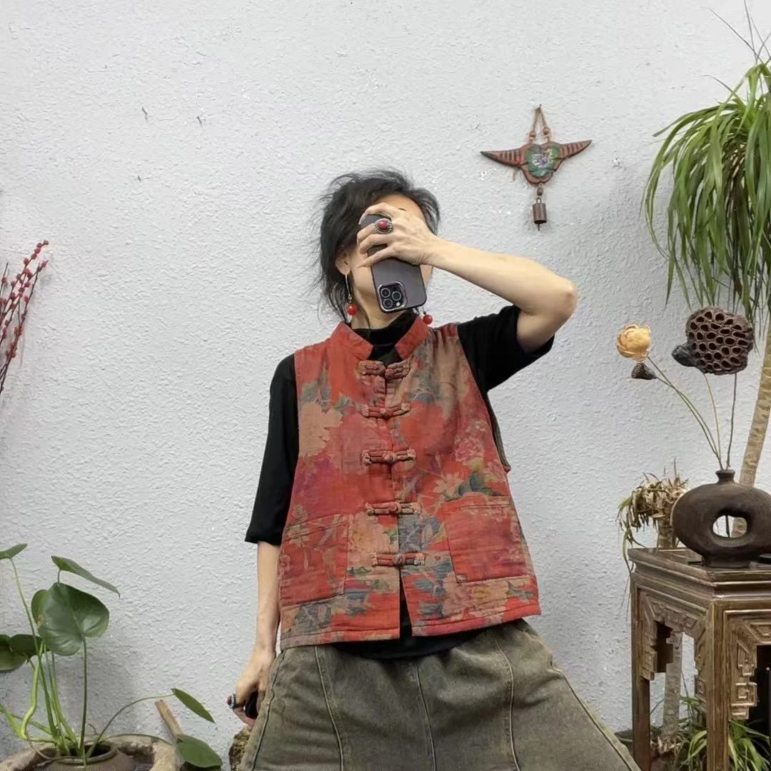 653橘红花复合色织麻印花五盘扣做旧马甲（长58胸围118