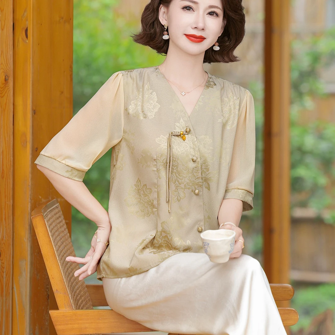 妈妈夏装国风短袖t恤2025新款洋气中老年女装大码小衫上衣服套装