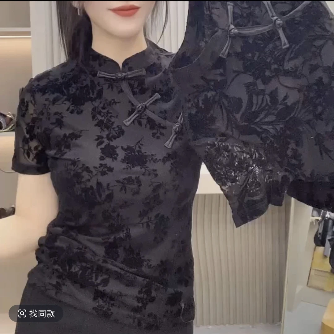 新中式复古立领盘扣短袖T恤女夏季国风修身蕾丝植绒网纱小衫上衣t