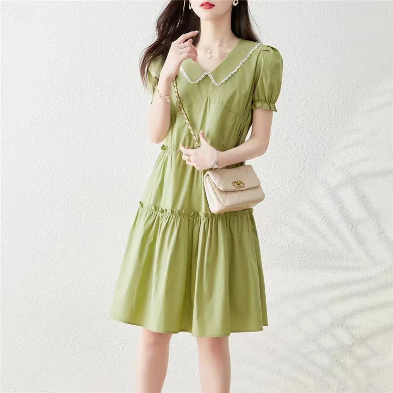 娃娃领裙子女2025夏季新款胖妹妹收腰显瘦赫本风连衣裙法式a字裙