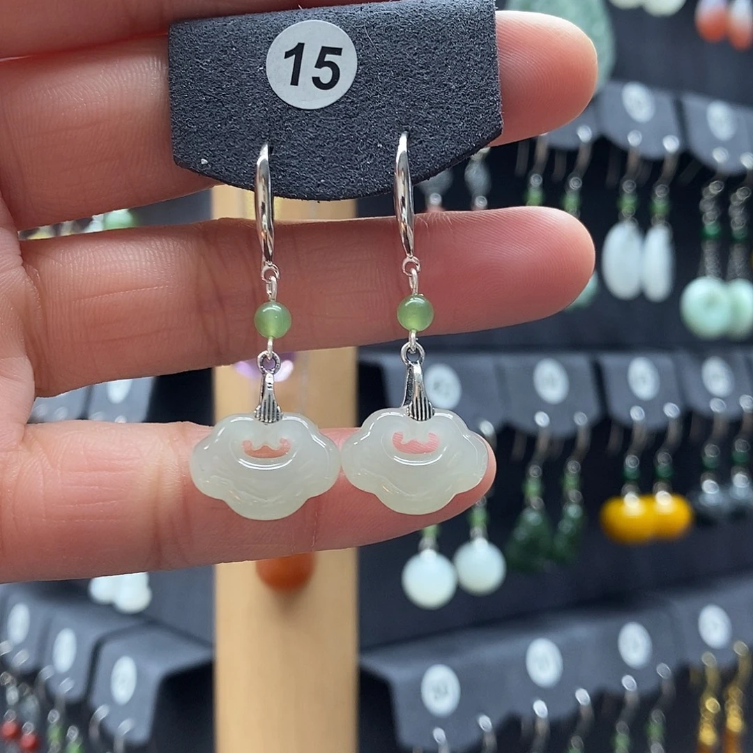 和田玉银S925镶嵌耳饰