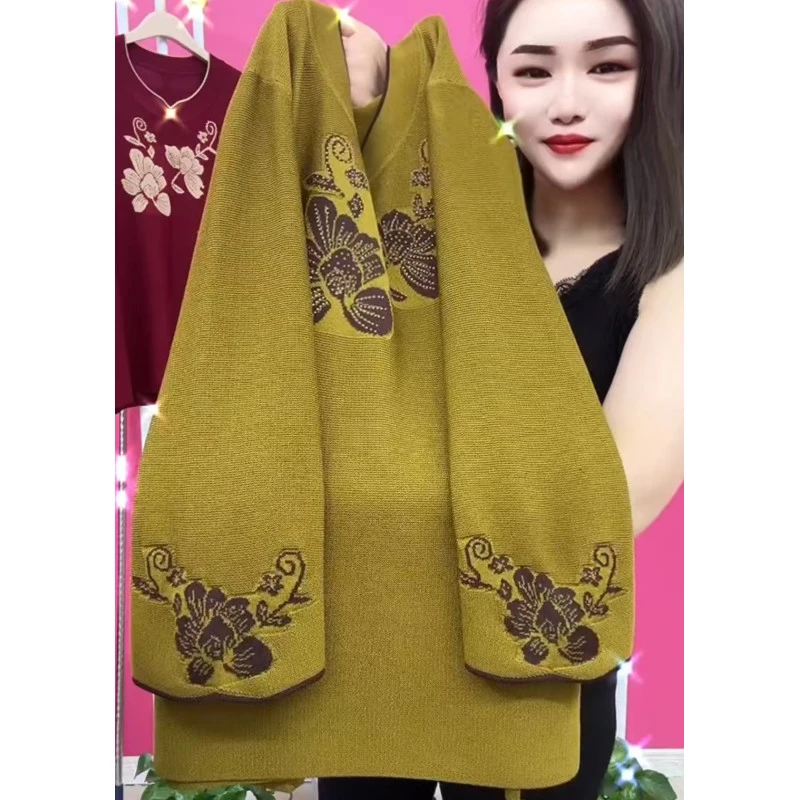 春秋中老年冰麻针织衫T恤新款圆领妈妈装上衣宽松七分袖遮肉小衫