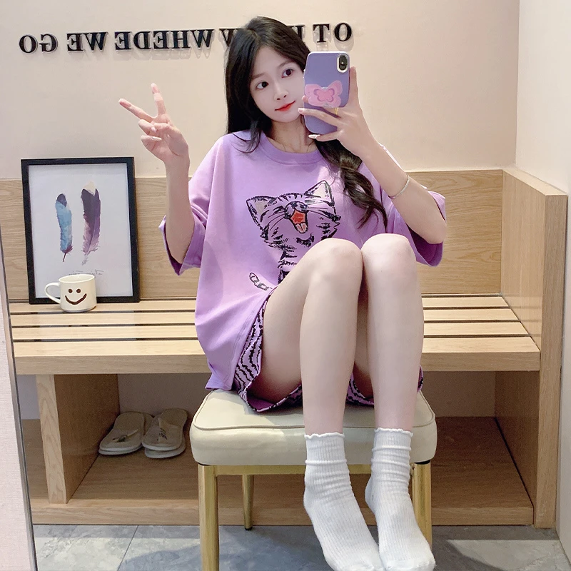 夏季睡衣女短袖短裤网红可外穿卡通日系圆领高中初中生家居服薄款